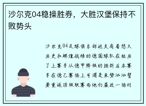 沙尔克04稳操胜券，大胜汉堡保持不败势头